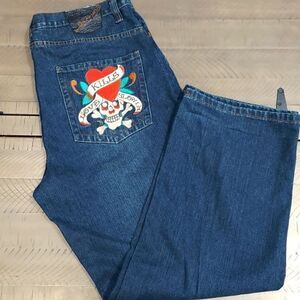 Ed Hardy Skull Rhinestone Pocket Y2K Jeans Sz 40